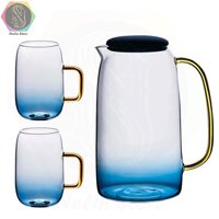 پارچ آب شیشه ای 1550ml بوروسیلیکات با دو لیوان طیف دارآبی طلایی کد47