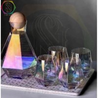 پارچ آب با چهار فنجان جنس شیشه ای پیرکس(بوروسیلیکات) با درب چوب  چندضلعی 7 رنگ