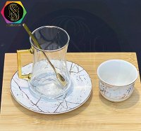 ست چای خوری 6 نفره 24 پارچه ساخت چین طرح ماربل رنگ سفید طلایی
