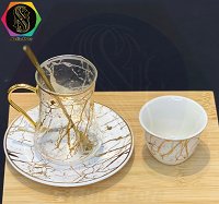 ست چای خوری 12 نفره 48 پارچه ساخت چین طرح ماربل رنگ سفید طلایی