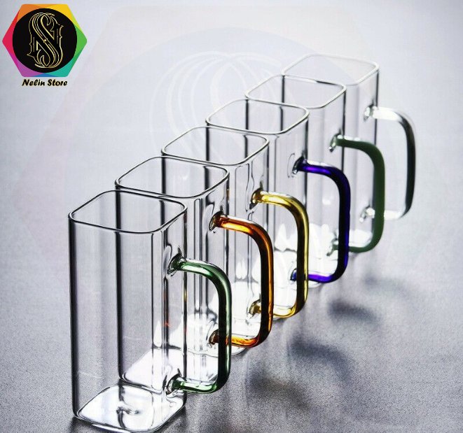لیوان-شیشه-ای-پیرکس(بوروسیلیکات) مربع-با-دسته-رنگی-حجم 400 میلی لیتر